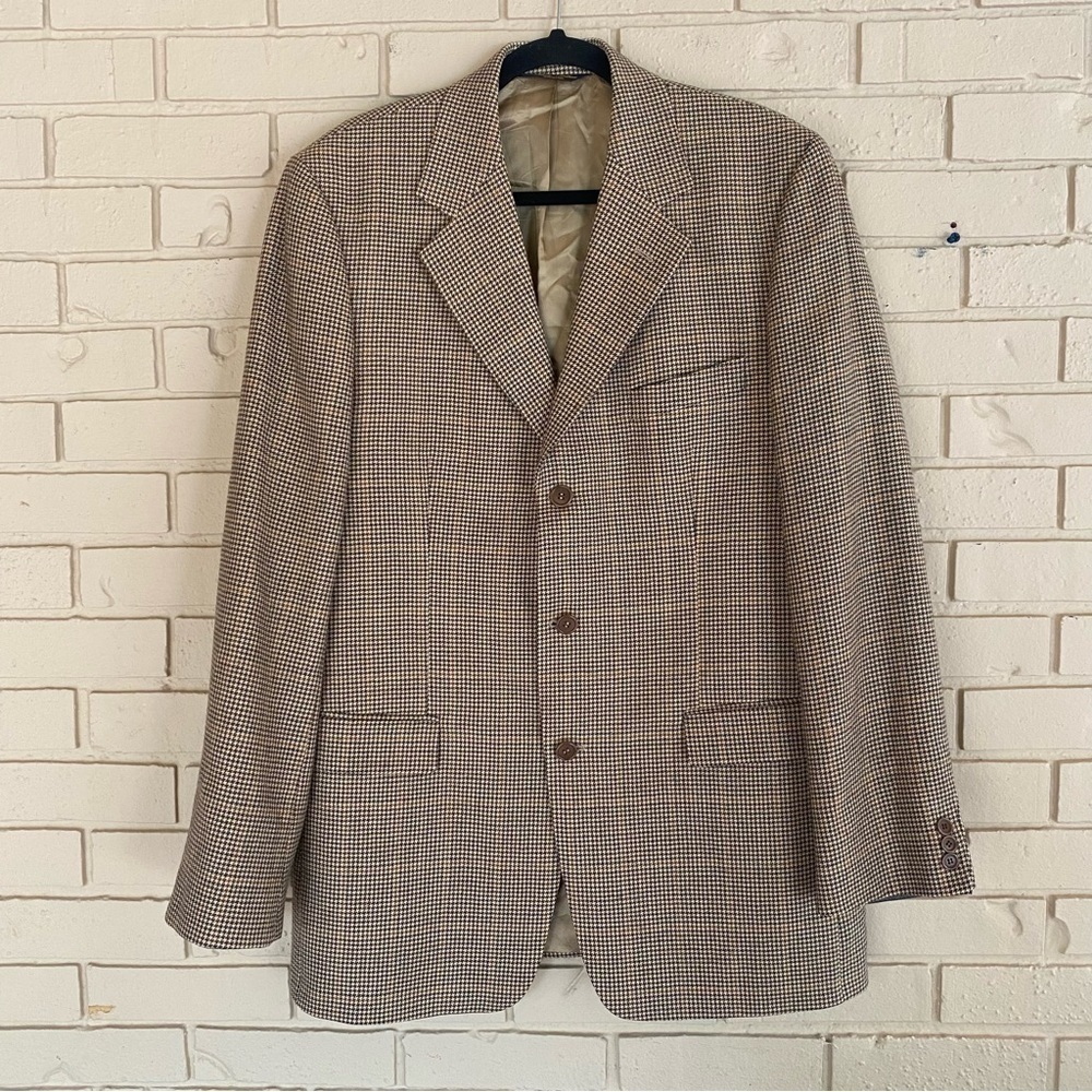Brooks Brothers Blazer Men 42L Beige Houndstooth Wool Three Button Sport Coat